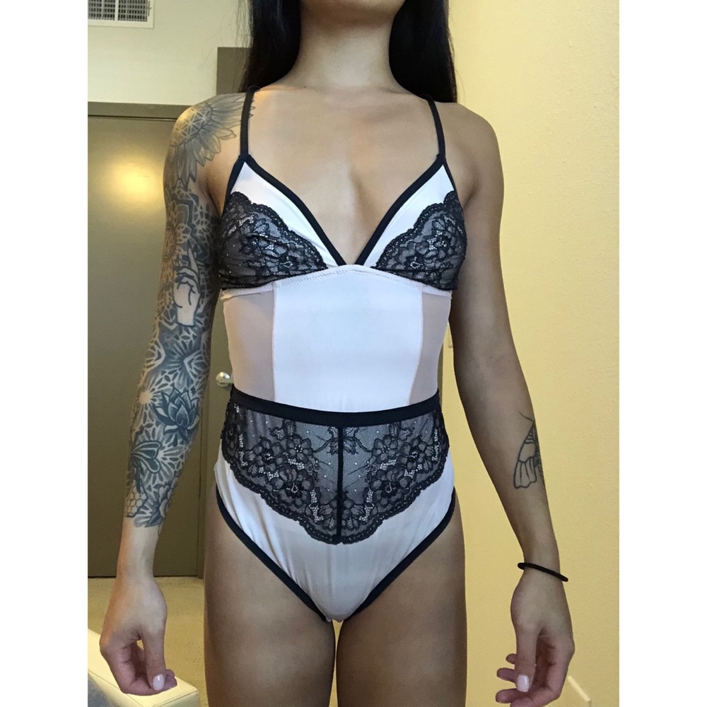 pink and black silky lace body suit